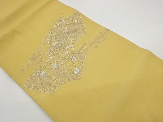 Nagoya obi with a floral, cloisonne, and wei-haze pattern on gauze with gold emb